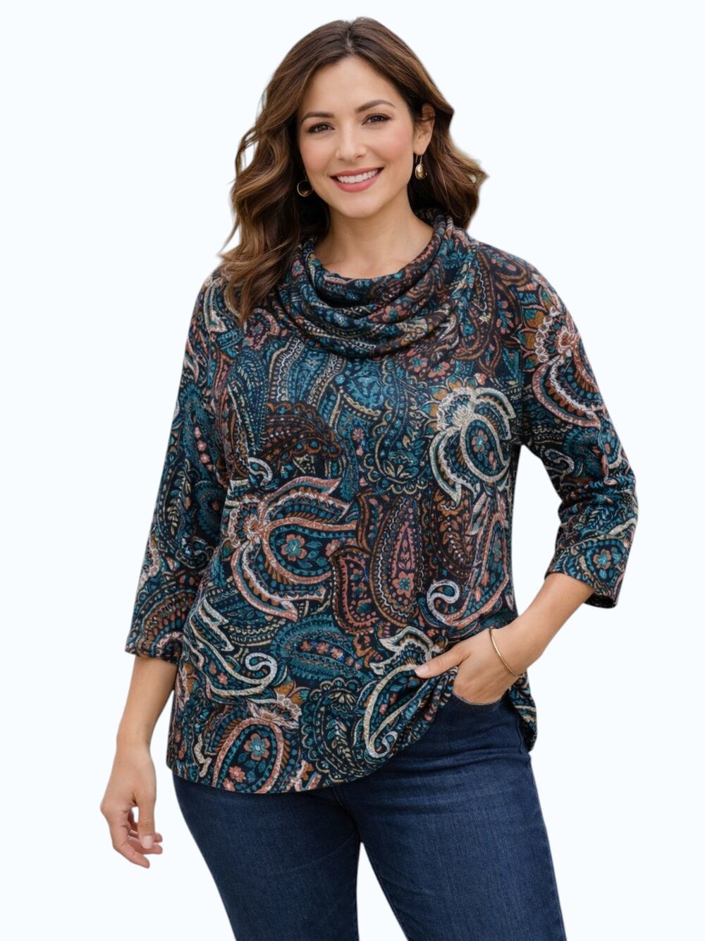 Ruby Rd Teal Appeal Top Medium NWT Paisley Cowl Neck 3/4 Sleeve Blouse